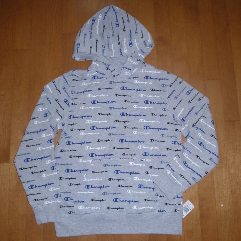 Boys Girls CHAMPION Logo Word Hoodie Hooded Sweatshirt Size Large Gray  NWT